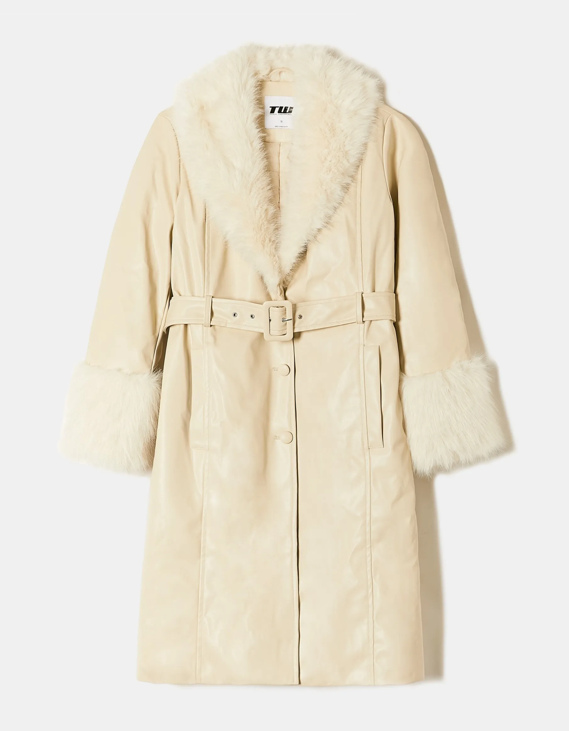 Tally Weijl Giacche^Cappotto Trench Bianco in Finta Pelle con Dettagli in Finta Pelliccia