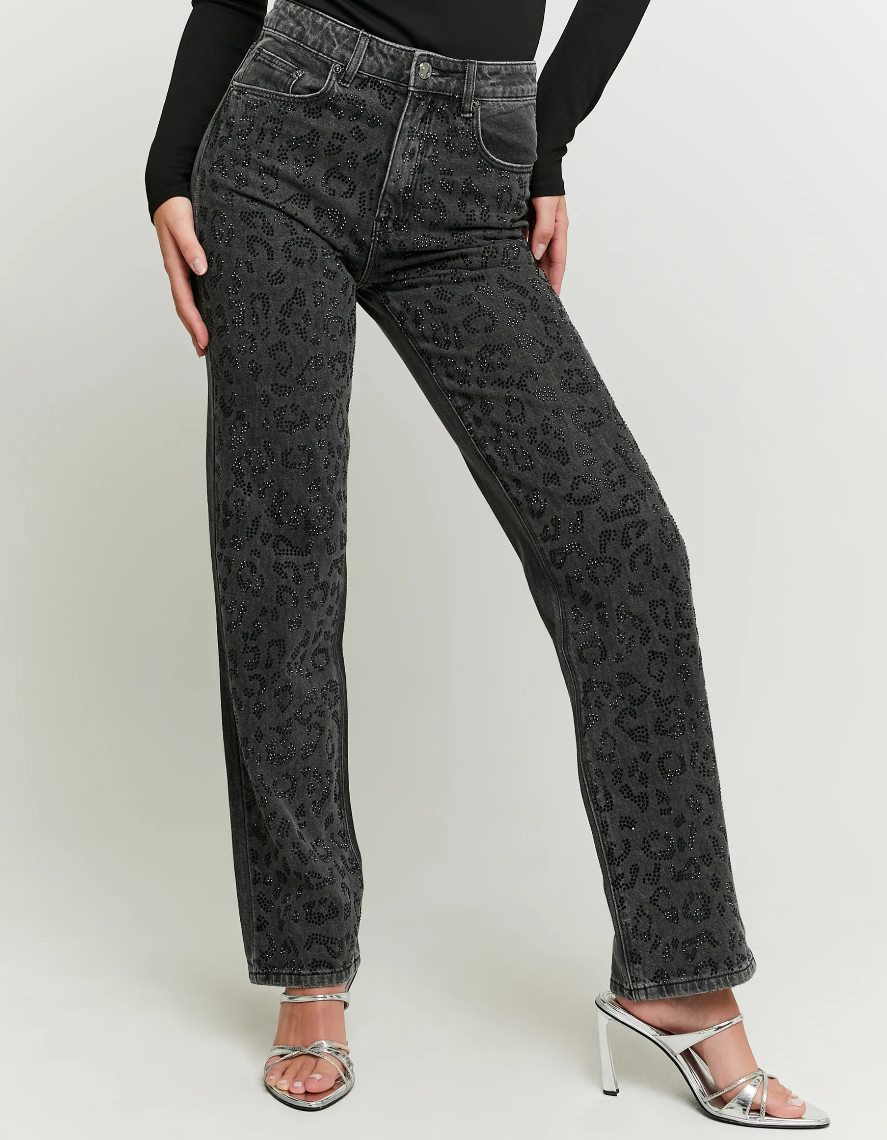 Tally Weijl Jeans^Jeans Straight Leg Neri con Motivo Animalier in Strass